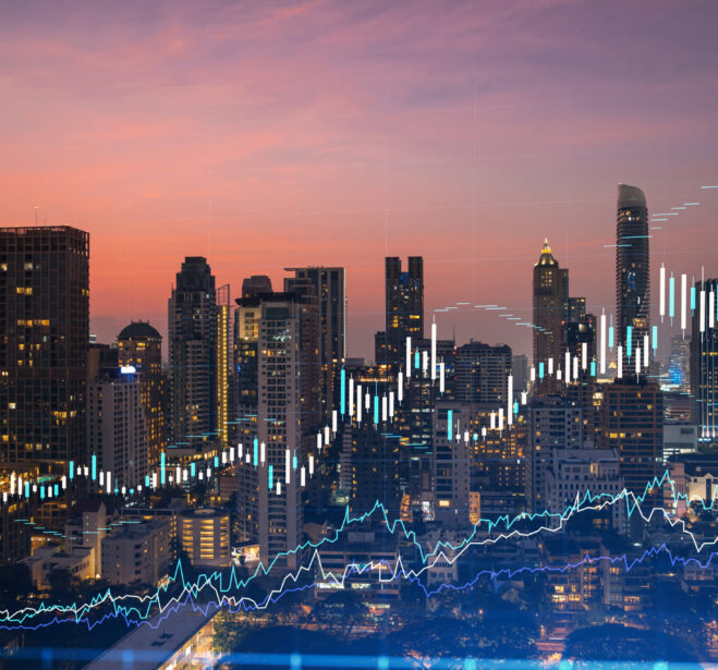Market behavior graph hologram, sunset panoramic city view of Bangkok, popular location to achieve financial degree in Southeast Asia. The concept of financial data analysis. Double exposure. Market behavior graph hologram, sunset panoramic city view of Bangkok, popular location to achieve financial degree in Southeast Asia. The concept of financial data analysis. Double exposure.